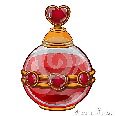 Round bottle with perfume or elixir and heart for valentine day Vector Illustration