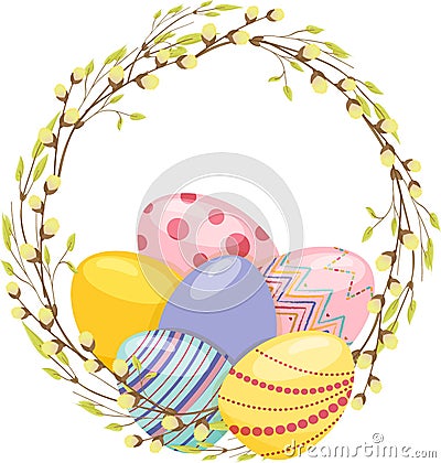 Round branch wreath with realistic Easter eggs in a wreath of willow branches and young leaves. Vector Illustration