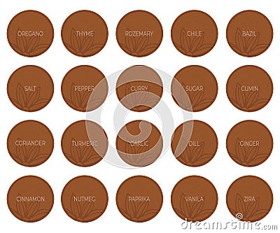 Round brown spice labels, kitchen stickers Vector Illustration