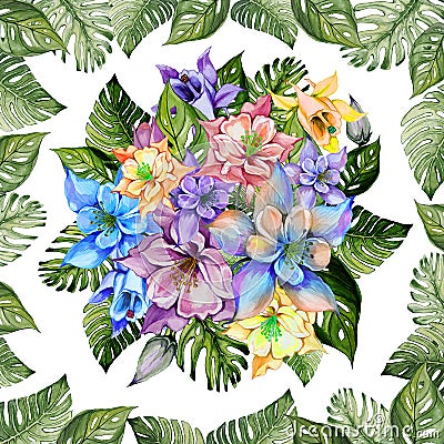 Round bunch of columbine flowers or aquilegia in square frame made of exotic monstera leaves on white background. Cartoon Illustration