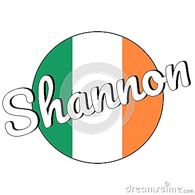 Round button Icon of national flag of Ireland with green, white and orange colors and inscription of city name Shannon Vector Illustration
