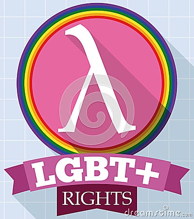 Round Button with Lambda Symbol and Ribbon for LGBT Rights, Vector Illustration Vector Illustration