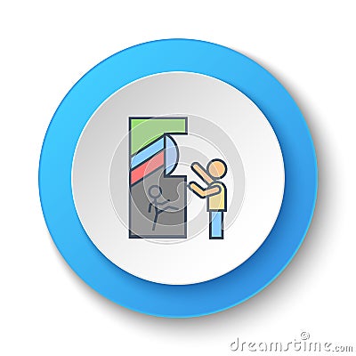 Round button for web icon. Child gamer, retro console, arcade. Button banner round, badge interface for application illustration Cartoon Illustration