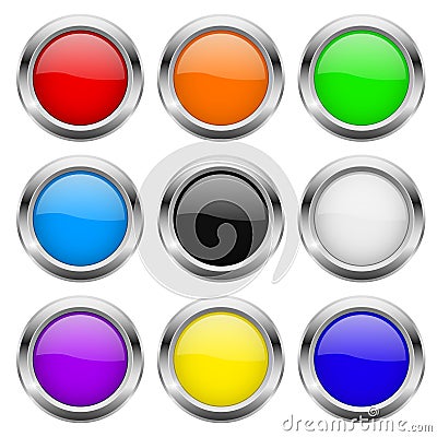 Round buttons. Glass colored icons with chrome frame Vector Illustration