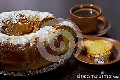 Round cake with sugar top and coffee Stock Photo