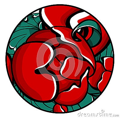Round card with red peony burgeon. Vector Illustration