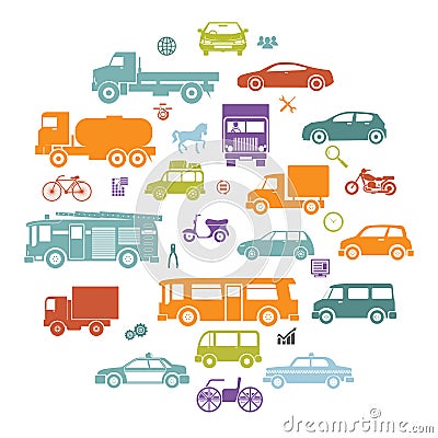 Round Card with Retro Flat Cars and Vehicles Silhouette Icons Transport Symbols Vector Illustration