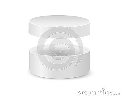 Round cardboard box with removed lid mockup. Open white cylinder package isolated on white background. Container for hat Vector Illustration