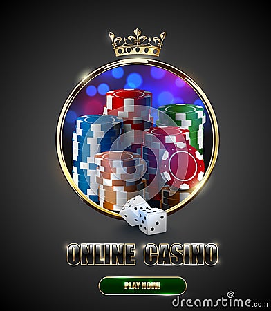 Round casino roulette golden frame window with crown, stack of poker chips and white dice on bright bokeh background. Gambling Vector Illustration