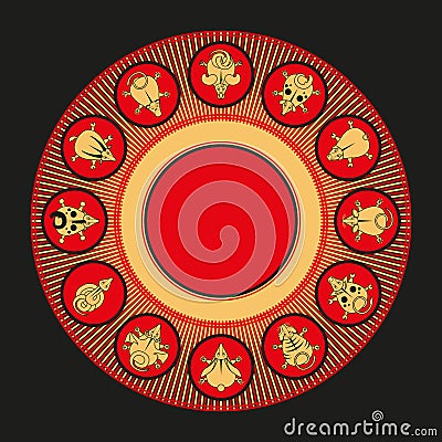 Round chinese calendar animals. Rat snake dragon pig rooster rabbit horse monkey dog tiger ox bull mouse, vector Vector Illustration