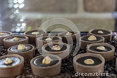 Round chocolate muffins in tartlets with hazelnuts in the middle stand in the refrigerator on a tray among coffee beans Stock Photo