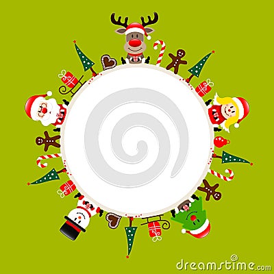 Round Christmas Frame Santa Reindeer Angel Tree And Snowman Icons Light Green Vector Illustration