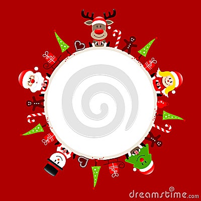 Round Christmas Frame Santa Reindeer Angel Tree And Snowman Icons Red Vector Illustration