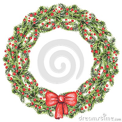 Watercolor round frame with berries, bow and spruce branches Cartoon Illustration