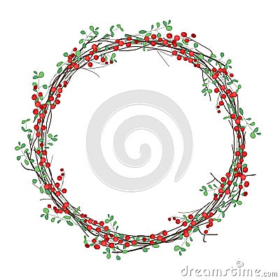 Round Christmas wreath with holly branches Vector Illustration