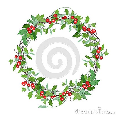 Round Christmas wreath with holly branches on white. Vector Illustration