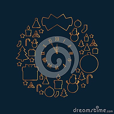 Round Christmas Wreath-Shaped Icon Pattern. Golden Line Vector Illustration