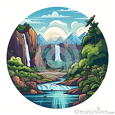 Round Circle Landscape Illustration With Waterfall In Slovenian Painting Style Stock Photo