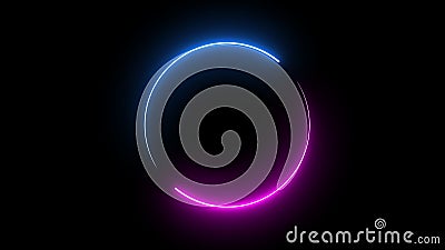 Round circle picture frame with two tone neon color shade motion graphic on isolated black background. Blue and pink light moving Cartoon Illustration