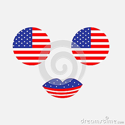 Round circle shape american flag icon set. Face with eyes and lips. Star and strip. United states of America. 4th of July. Happy i Vector Illustration