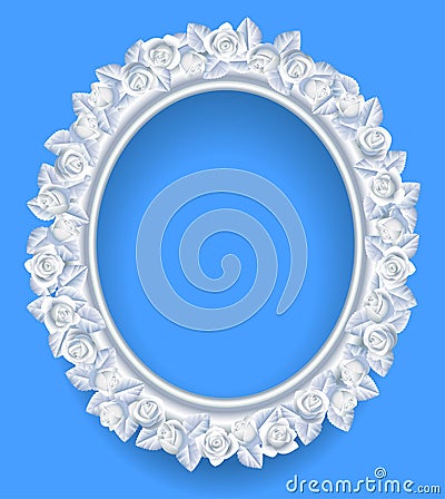 Round classic frame with white roses wreath on blue Vector Illustration