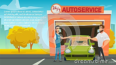 Happy Owner Taking Car from Service Cartoon Vector Stock Photo
