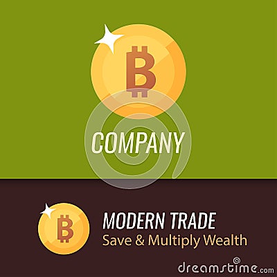 Round Coin Sign of bitcoin - Vector Golden illustration on green and dark brown backgrounds. Vector Illustration