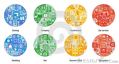 Round color flat line concept of sewing, camping, travel cruise, car service, summer time, wedding, entertainment, pet Vector Illustration
