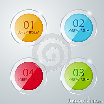 Round colored glass icons. Banner. Template for your business presentation. Transparent labels with colored square Vector Illustration