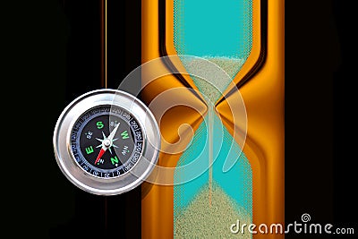 Round compass on abstract hourglass background Stock Photo