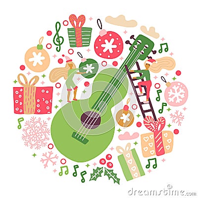 Round composition of acoustic guitar with Christmas decor and snowflakes. Misic festival vector background concept in Vector Illustration
