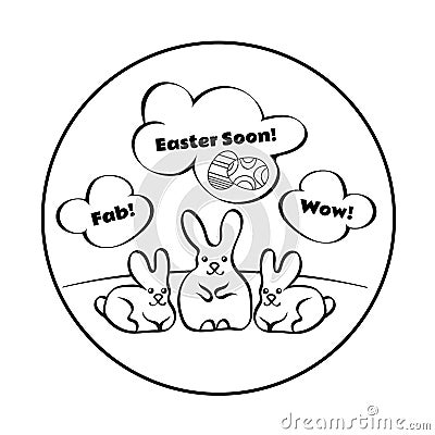 Round composition depicting three rabbits on the lawn. They`re thinking about Easter. Vector Illustration