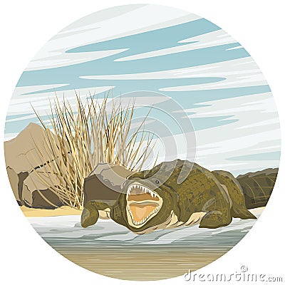 Round composition. Nile crocodile Crocodylus niloticus stands with open mouth near the river. Vector Illustration