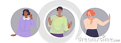 Round composition of people feeling negative emotion trying to protect their rights and opinion Vector Illustration