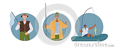 Round composition set of happy satisfied fisherman catching fish using different accessory supplies Vector Illustration