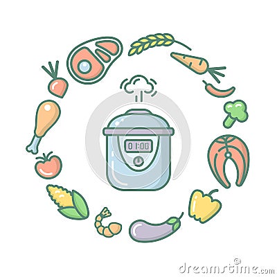 Round concept with multicooker and different food Vector Illustration