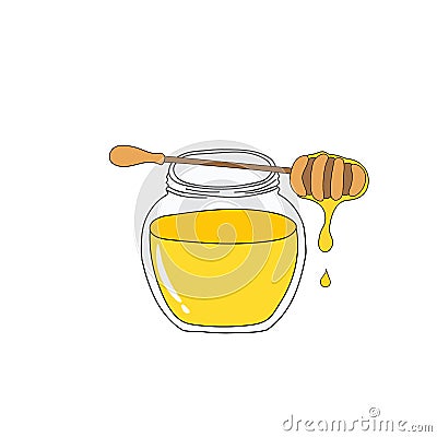 Round crystal jar with golden honey wooden dipper with dripping nectar. Hand drawn doodle vector illustration in kids cartoon Vector Illustration