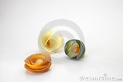 Round curls cut of carrot, potato and zucchini Stock Photo