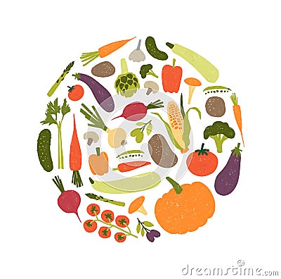 Round decorative composition with fresh raw ripe vegetables or harvested crops. Circular design element with veggie food Vector Illustration