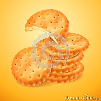 Round delicious cookies or crackers isolated on yellow background. The bitten shape of biscuit. Crispy baking. Vector 3d Vector Illustration