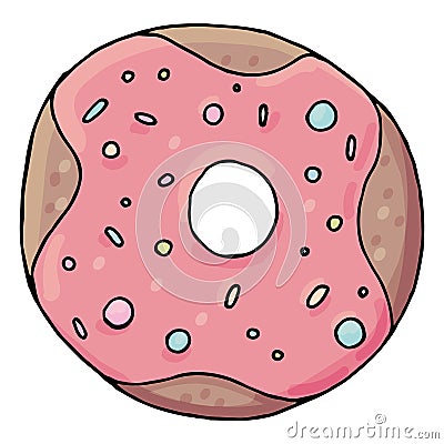 Round delicious donut with icing and sprinkling, cute drawing for kids Vector Illustration