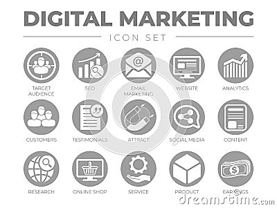 Round Digital Marketing Icon Set. Target Audience, SEO, Email Marketing, Website, Analytics, Customers, Testimonials, Attract, Vector Illustration