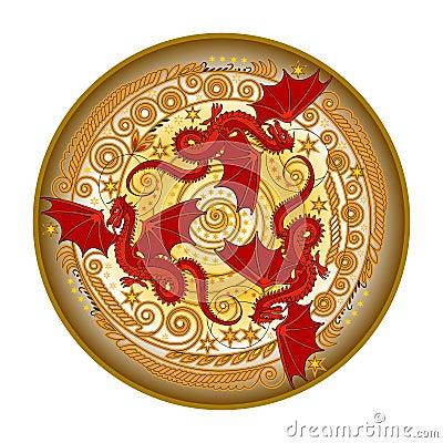 Round dish ornate with Three red dancing dragons. Folk ethnic sign. Print for logo, icon, fabric, embroidery, holiday decoration. Vector Illustration