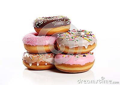 Round donuts pastry with colorful glazing on white background.Macro.AI Generative Stock Photo