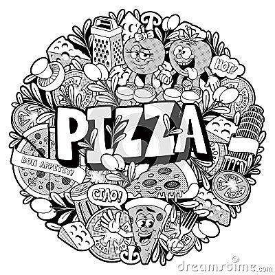 Round doodle pizza pattern Cartoon Illustration