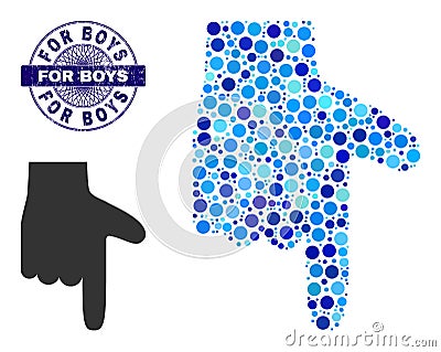 Grunge FOR BOYS Round Guilloche Seal Stamp and Hand Pointer Down Mosaic Icon of Round Dots Vector Illustration