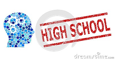 Textured High School Watermark and Brain Gears Composition of Round Dots Vector Illustration