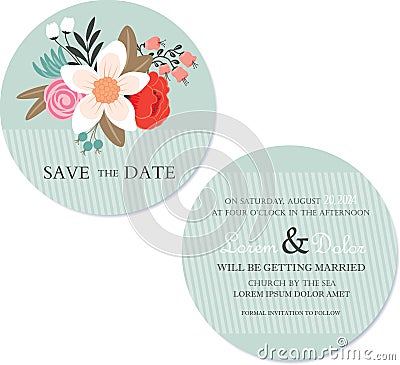 Round, double-sided floral save the date card Vector Illustration