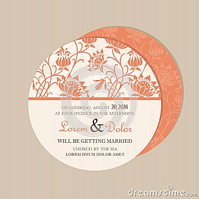 Round, double-sided floral save the date card Vector Illustration