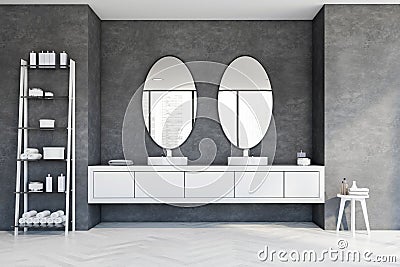 Round double sink in grey bathroom, oval mirrors Stock Photo